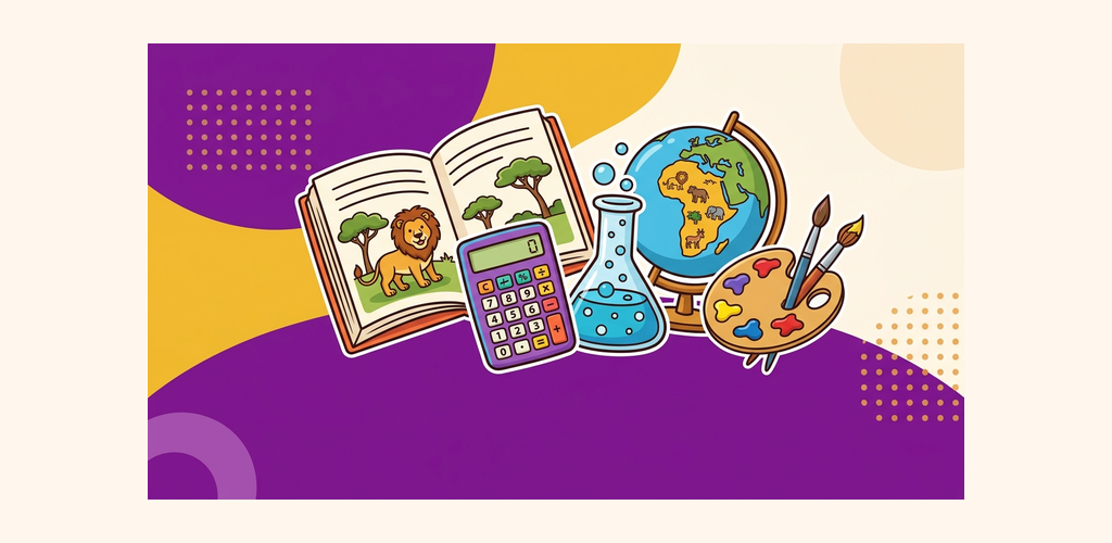 Kioo feature banner showing the mascot and colourful illustrated lesson artwork