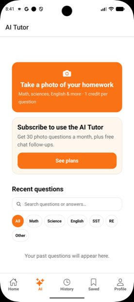 Kioo AI Tutor screen with a button to take a photo of homework