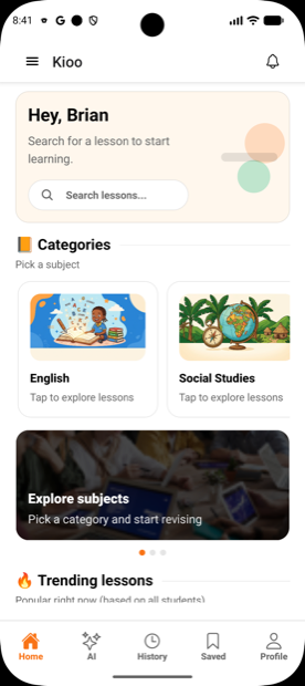 Kioo home screen greeting a pupil, with subject categories and trending lessons