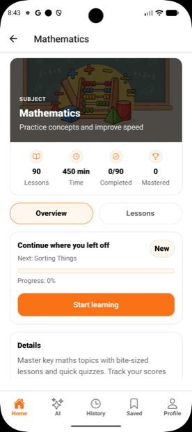 Kioo Mathematics subject screen listing illustrated lesson topics