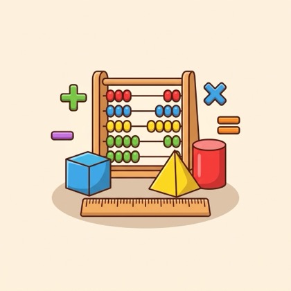 Illustration of an abacus, shapes and a ruler for Mathematics