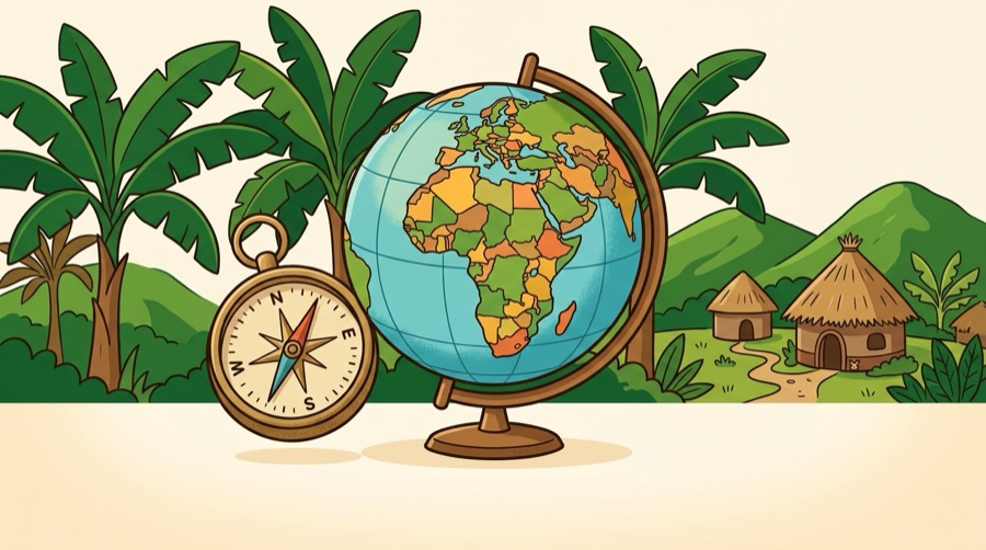 A Kioo Social Studies banner: a compass and globe among banana palms, hills and thatched homesteads